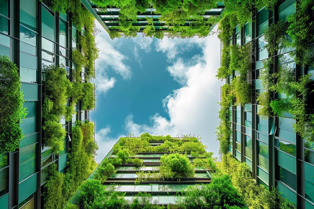 Upward perspective between buildings with greenery, illustrating the Green Building Design and Certification service.