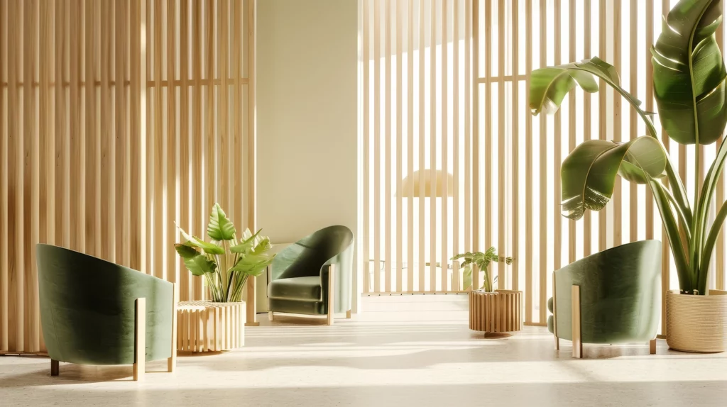 A minimalist room with wooden slats, green armchairs, and potted plants, providing a serene space for contact.