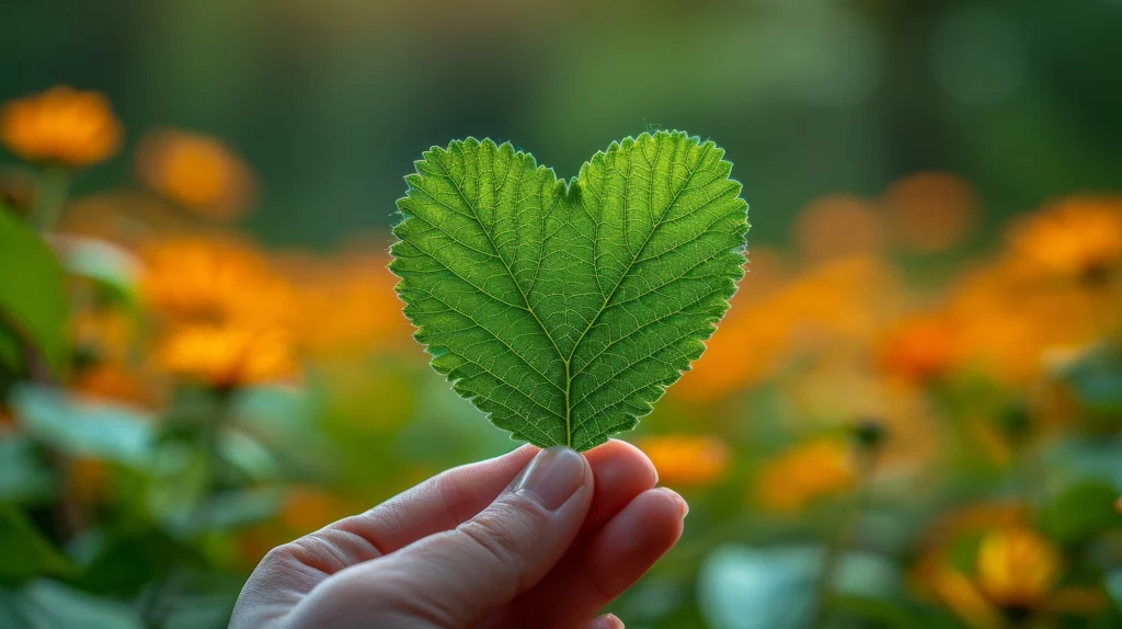 A hand holds a heart-shaped green lea, symbolizing the social and human aspect of Cronos ESG's service.