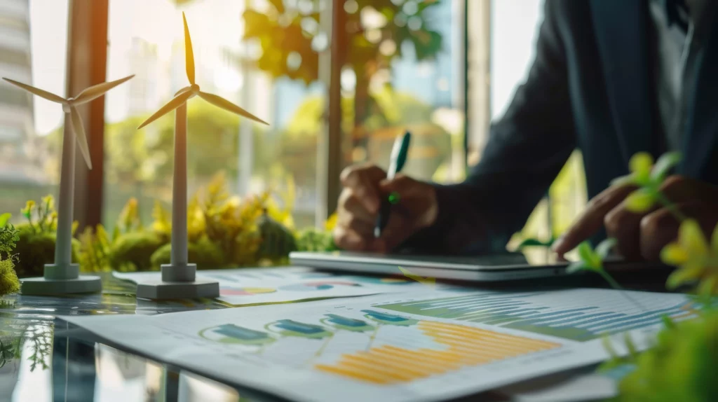 A person uses a tablet with documents and wind turbine models, focusing on strategic guidance for sustainability.