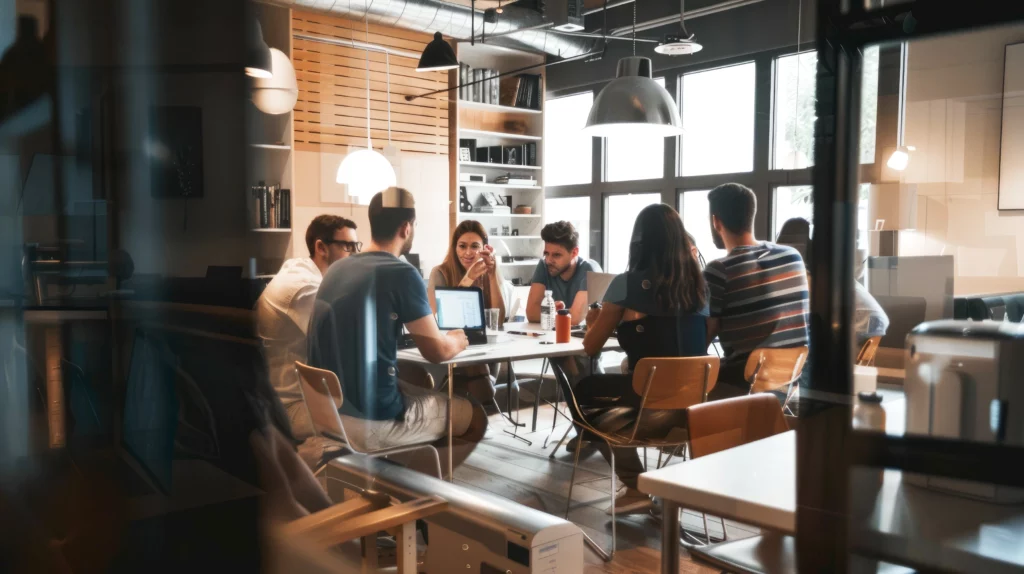 A group works on communication services around a table in a modern office, with laptops and notebooks.